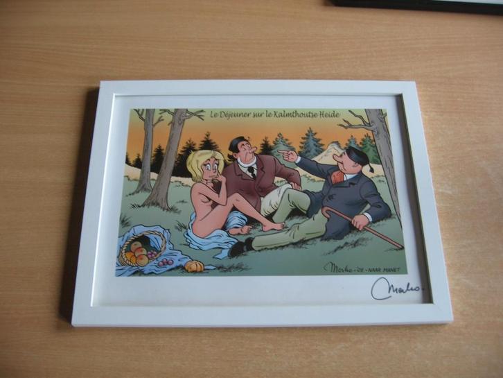 Merho:gesigneerde prent Le déjeuner sur le Kalmthoutse Heide, Boeken, Stripverhalen, Zo goed als nieuw, Eén stripboek, Ophalen of Verzenden
