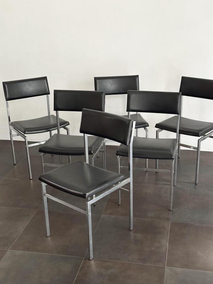 Lot de 6 chaises métal chromé et similicuir noir années 70, Maison & Meubles, Chaises, Comme neuf, Métal, Noir, Enlèvement