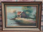 Schilderij - Huis aan meer en visser - In uitstekende staat, Antiek en Kunst, Ophalen