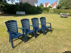Vier PVC tuinstoelen Blauw, Ophalen, Zo goed als nieuw, Kunststof, Stapelbaar