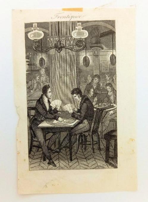 Antieke ets van kaartspelende en schakende heren, Antiek en Kunst, Kunst | Etsen en Gravures, Ophalen of Verzenden