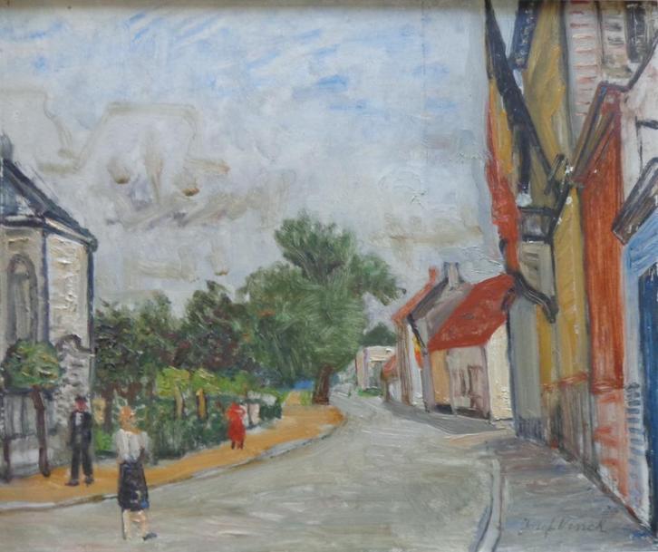 JOZEF VINCK / DORPSSTRAAT / OLIEVERF PANEEL / 38x44cm KADER, Antiek en Kunst, Kunst | Schilderijen | Modern, Ophalen of Verzenden