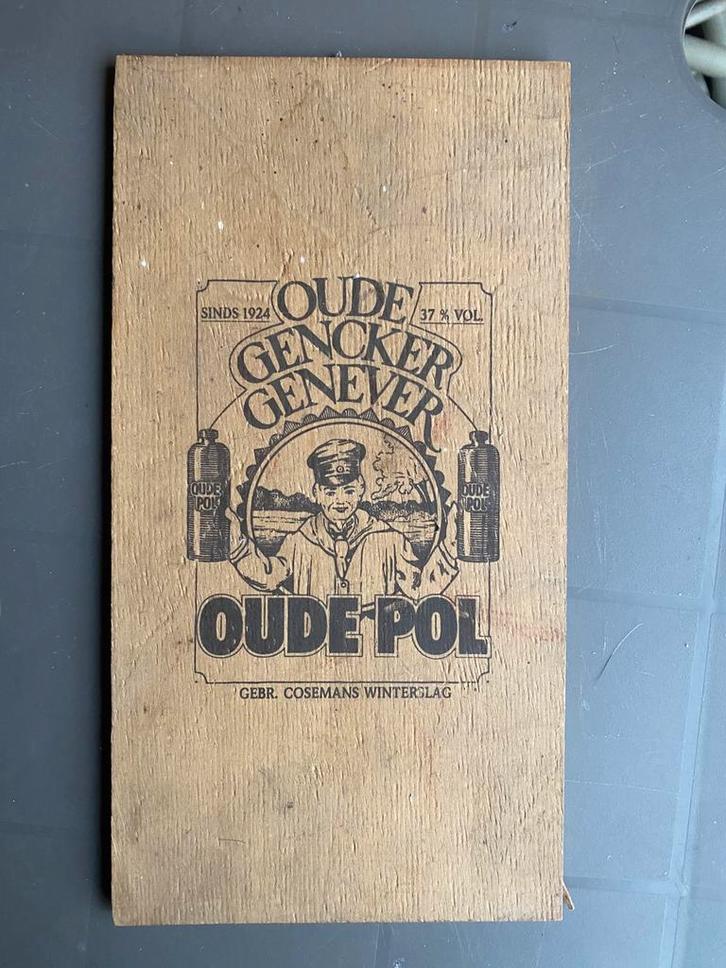 Oud houten reclamebord “Oude Gencker Genever – Oude Pol, Verzamelen, Merken en Reclamevoorwerpen, Zo goed als nieuw, Reclamebord