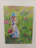 kleurrijk romantisch schilderij - vrouw met bloemen in veld, Antiek en Kunst, Kunst | Schilderijen | Modern, Ophalen of Verzenden