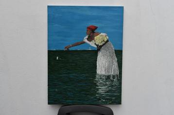 Bruid gooit bloem in de zee, schilderij van Joky Kamo
