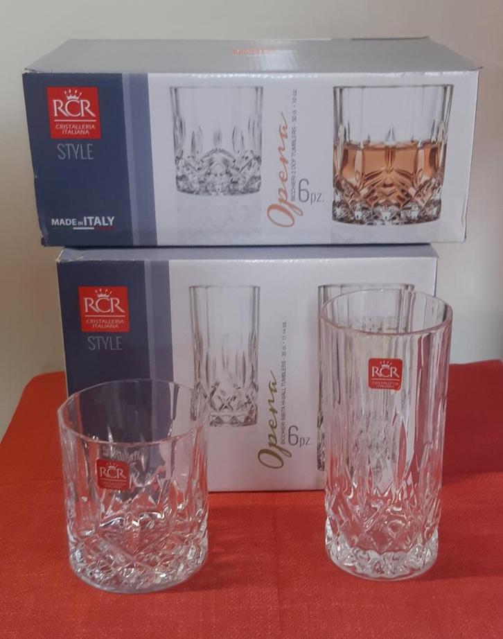6 water-whisky glazen+6 frisdrank glazen RCR Cristal Italië, Collections, Verres & Petits Verres, Neuf, Autres types, Enlèvement