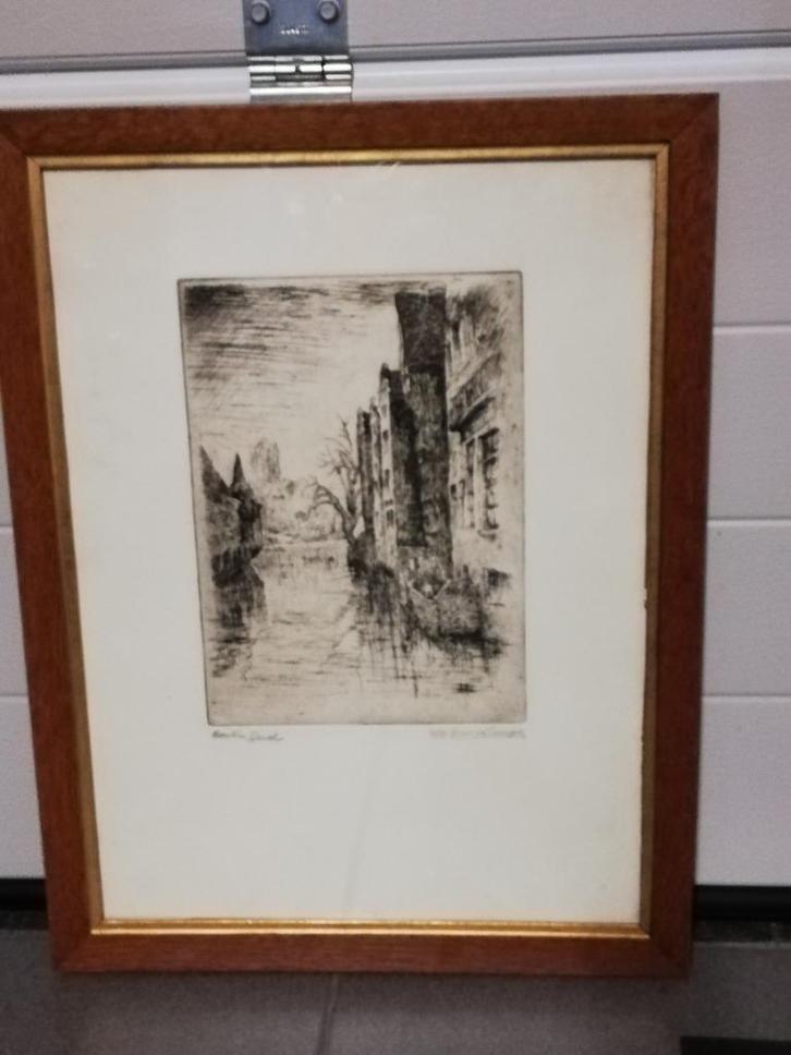 G Langie; 'Houten gevel'; ets, Gentse kunstenaar, Antiek en Kunst, Kunst | Etsen en Gravures, Ophalen of Verzenden