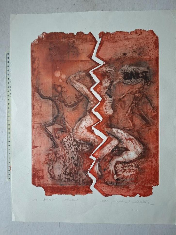 Leuke ets Magda De Beckker naakte vrouw "Barst" uit 1997, Antiek en Kunst, Kunst | Etsen en Gravures, Ophalen of Verzenden