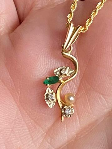 Pendentif en or 18k emeraude diamants et perle, Enlèvement, Comme neuf, Or, Or