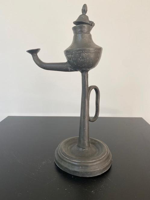Vintage Lampe à huile Nez de Morve Etain 19ème siècle, Antiquités & Art, Curiosités & Brocante, Enlèvement ou Envoi