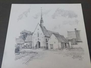 Kerk BRUINBEKE SCHELLEBELLE Originele tekening GEEN AFDRUK ! beschikbaar voor biedingen