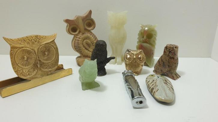 Stenen, brass, jade, onyx marmer en gietijzeren uiltjes, Verzamelen, Beelden en Beeldjes, Zo goed als nieuw, Ophalen of Verzenden