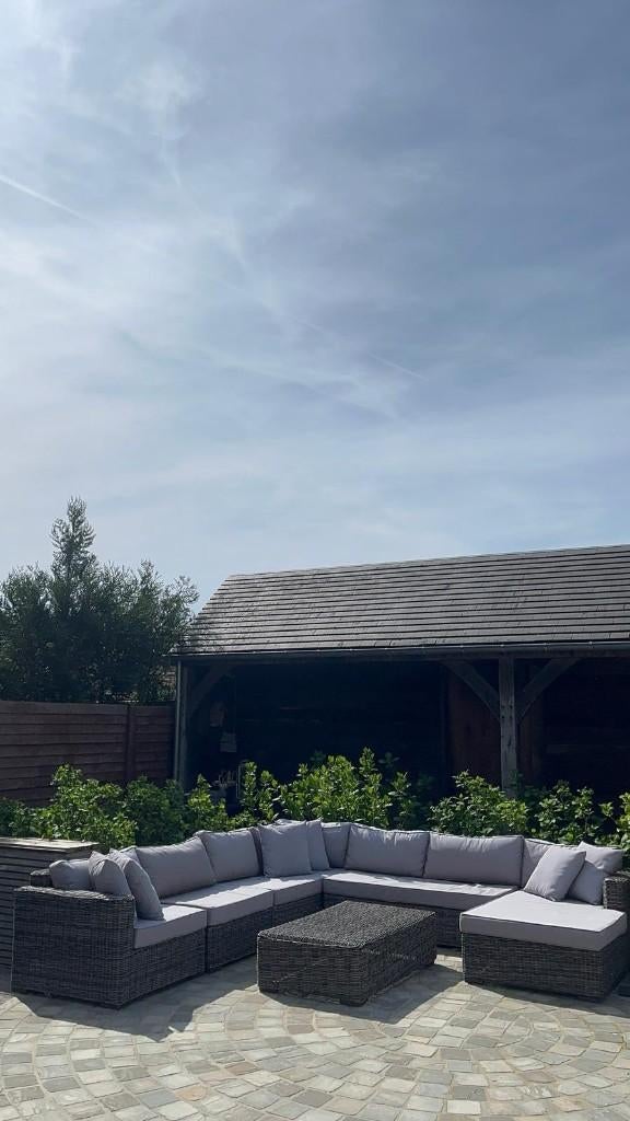 Hoeksalon loungeset wicker 3x3m + kussens, Jardin & Terrasse, Osier, Utilisé, Sets de jardin, Enlèvement