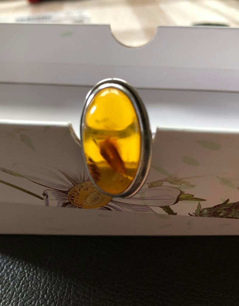 Bague en argent avec ambre, Bijoux, Sacs & Beauté, Boucles d'oreilles, Enlèvement ou Envoi, Comme neuf, Argent, Argent