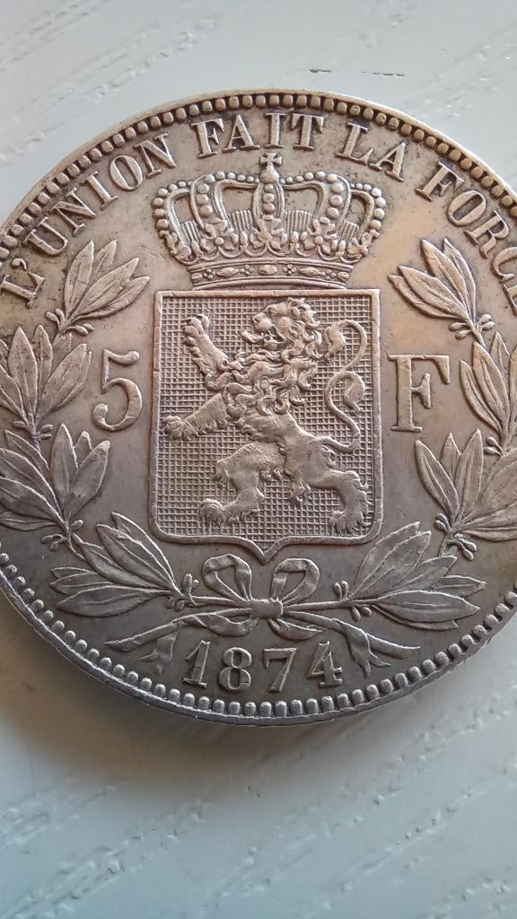 1874 - Leopold II - 5 Francs en très bon état !, Enlèvement ou Envoi, Monnaie en vrac, Argent, Argent