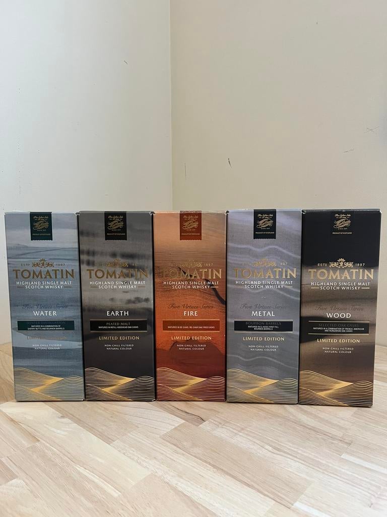 Tomatin Five Virtues – complete limited edition set, Ophalen, Zo goed als nieuw, Vol