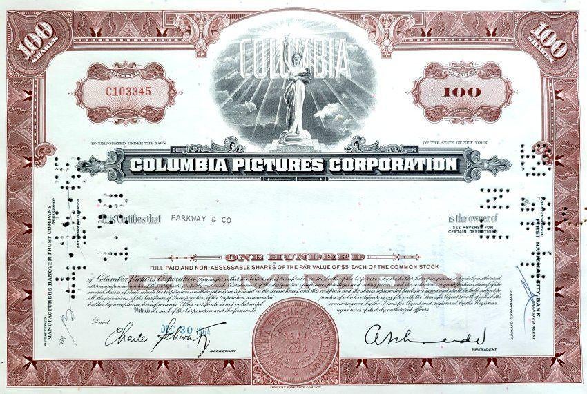 Origineel aandeel van Columbia Pictures uit 1964, Ophalen of Verzenden, 1950 tot 1970, Certificaat van aandeel