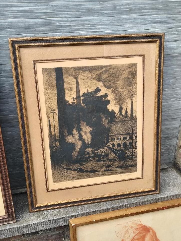 Gravure les hauts fourneaux signe pierre paulus, Antiek en Kunst, Kunst | Etsen en Gravures, Ophalen of Verzenden