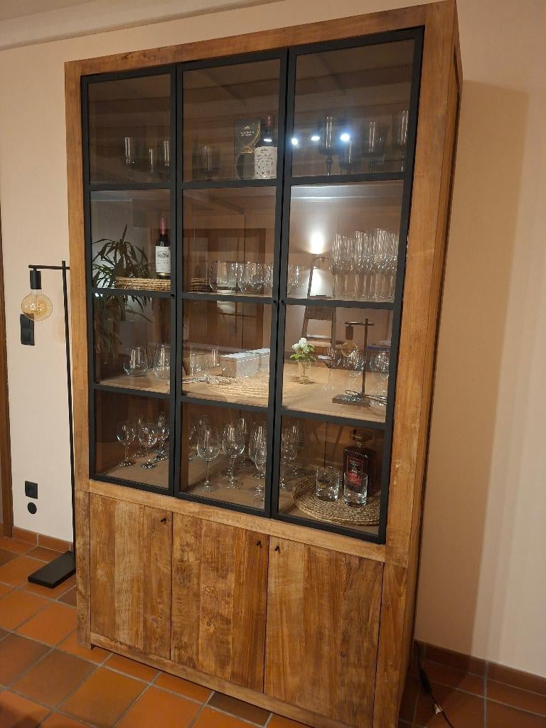 Set van 3 robuuste, houten kasten, Ophalen, Zo goed als nieuw, Glas