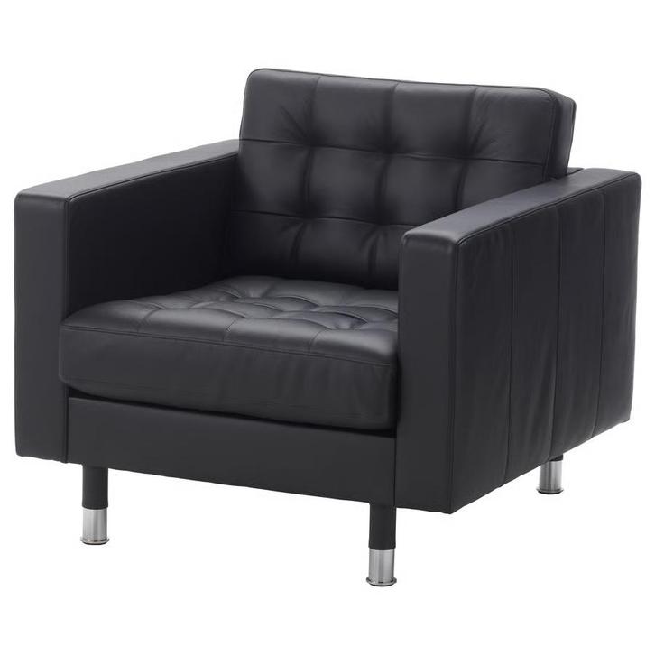 Fauteuils + pouf en cuir noir Landskrona, Maison & Meubles, Fauteuils, Comme neuf, Cuir, Enlèvement