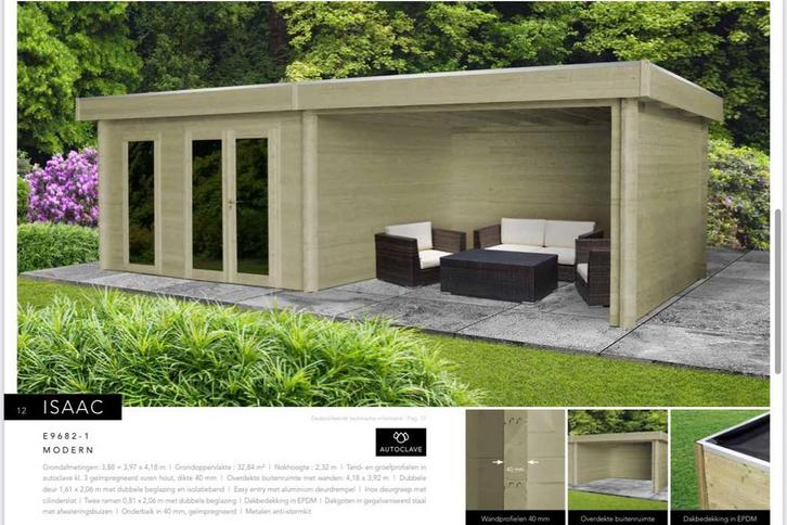 Isaac Tuinhuis met overkapping 40mm blokhukprofielen, Tuin en Terras, Tuinhuizen, Zo goed als nieuw, Tuinhuis, Met overkapping