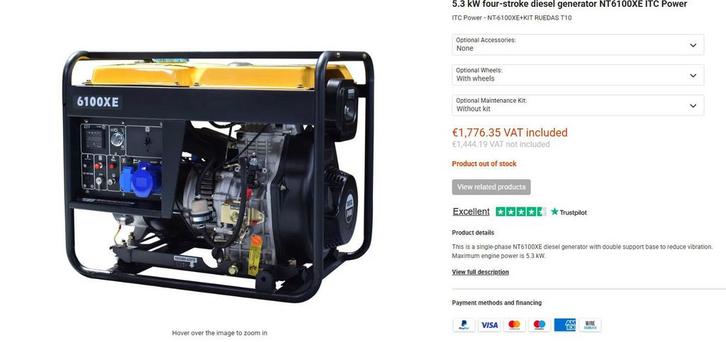 Diesel generator 5000W - 23V - splinternieuw, Doe-het-zelf en Bouw, Aggregaten, Zo goed als nieuw, Ophalen