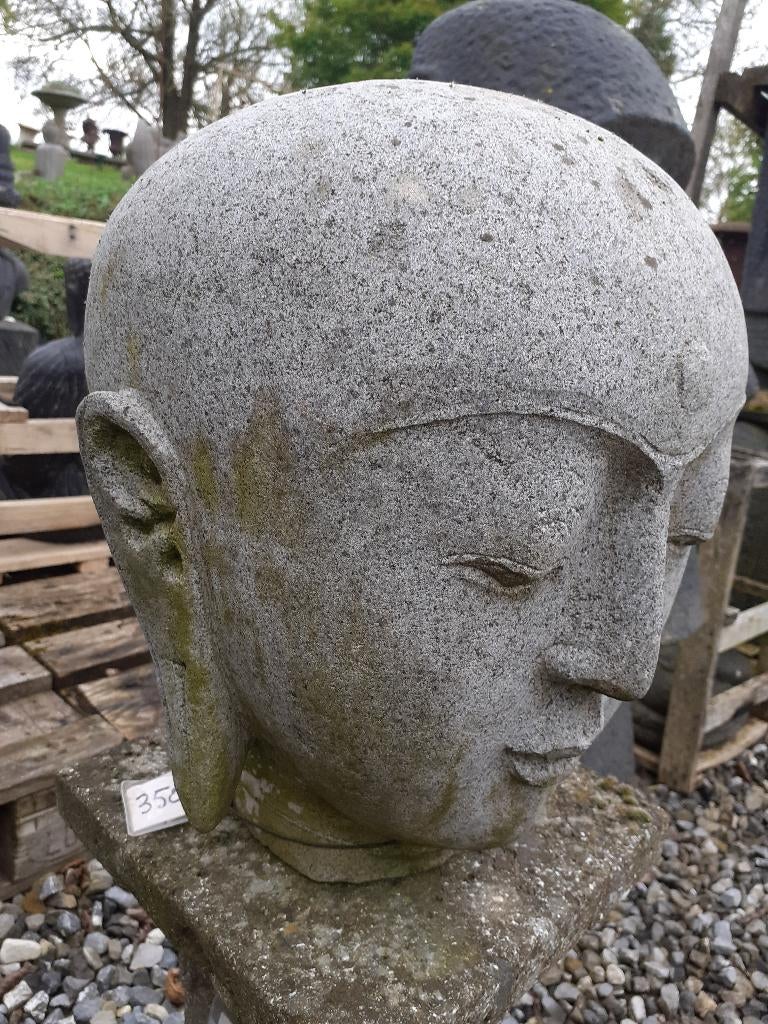 SUPERBE TETE DE MOINE SHAOLIN EN PIERRE BLEUE ( H 33 cm ), Jardin & Terrasse, Enlèvement, Comme neuf, Pierre, Bouddha