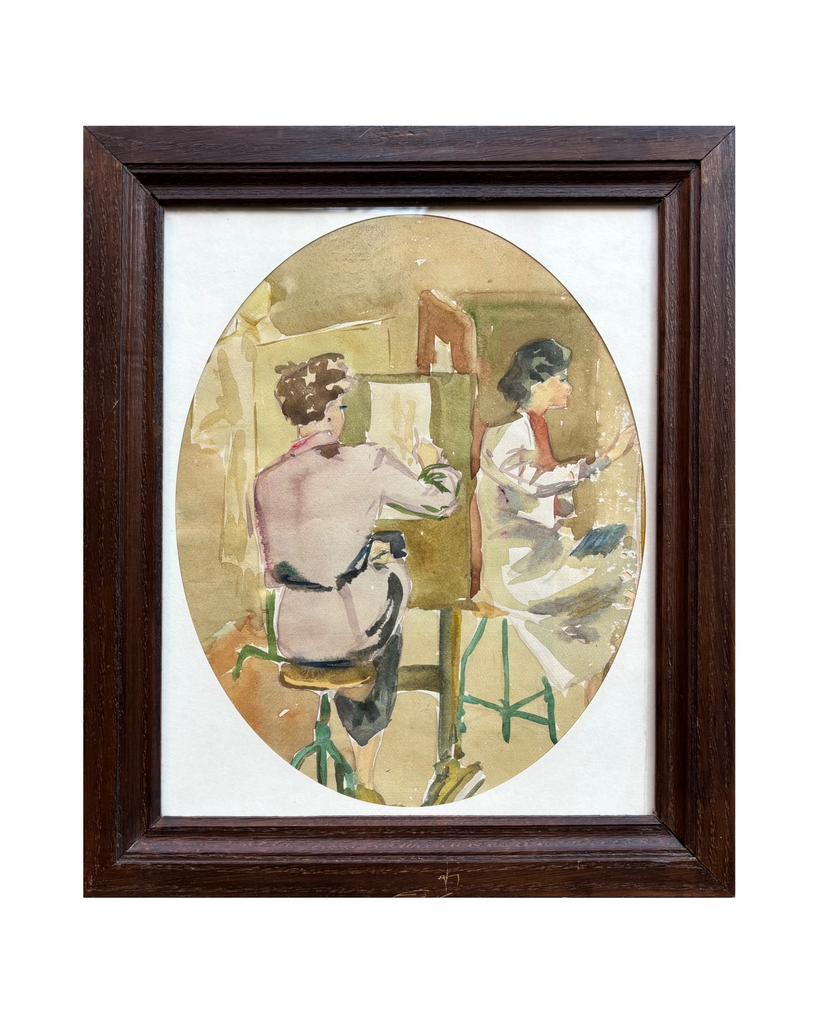 Aquarelle sur papier d’un cours de peinture ('30), Antiquités & Art, Art | Peinture | Classique, Enlèvement ou Envoi