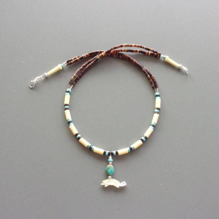 Indiaanse damesketting met Zuni schildpad fetisj hanger, Handtassen en Accessoires, Kettingen, Nieuw, Zilver, Blauw, Met edelsteen