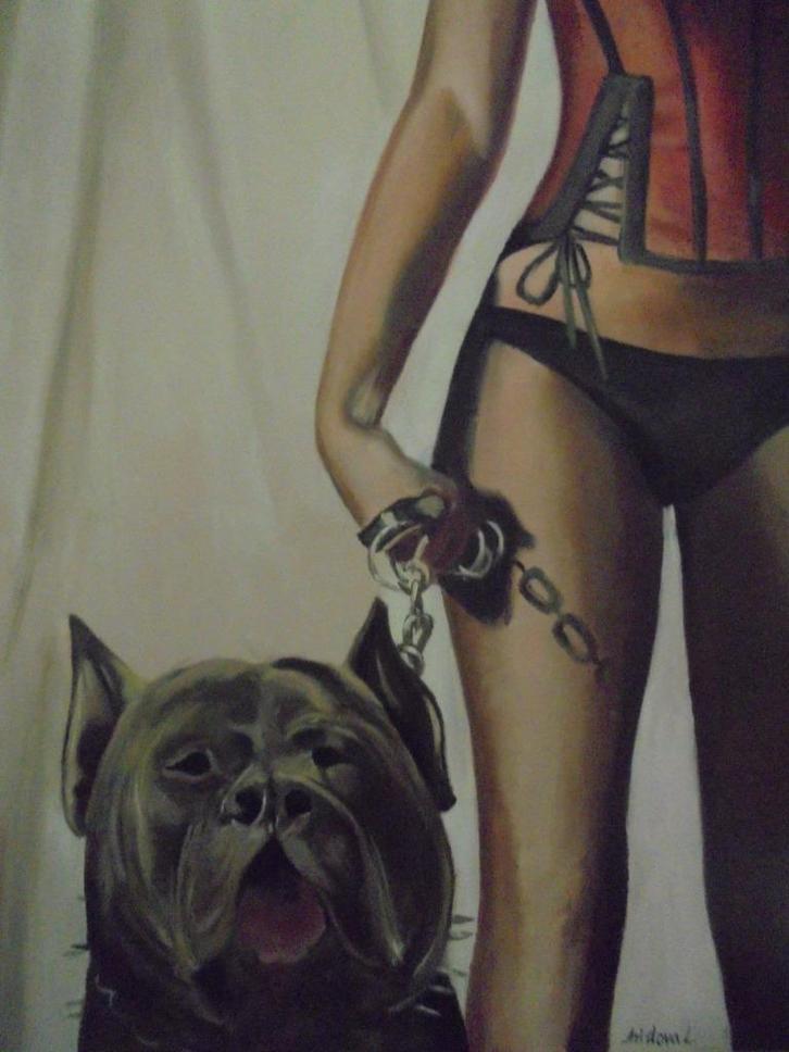 olieschilderij vrouw/pitbull (60x80 cm), Antiek en Kunst, Kunst | Schilderijen | Klassiek, Ophalen of Verzenden