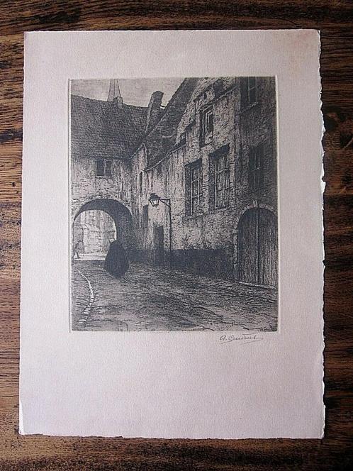 Albert Geudens Estampe originale 1920 signée Mechelen Belgiq, Antiek en Kunst, Kunst | Etsen en Gravures, Ophalen of Verzenden