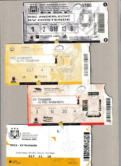 Anderlecht - KV Oostende : 4 tickets différents ('14-'22), Collections, Articles de Sport & Football, Utilisé, Autres types, Enlèvement ou Envoi