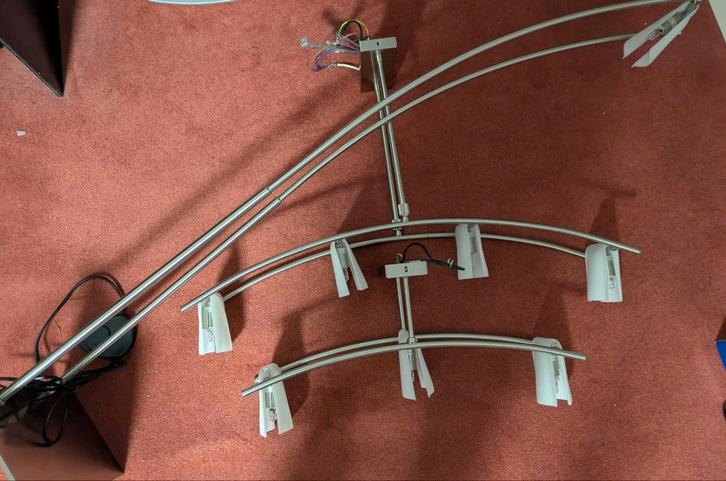 Set van 3  metaal en glas 2hanglampen 1staanlamp, Huis en Inrichting, Lampen | Spots, Gebruikt, Glas, Ophalen