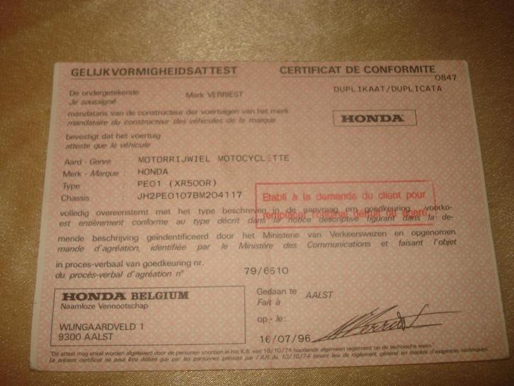 Ancien Certificat Conformité Moto Honda XR-500 R 1996, Motoren, Handleidingen en Instructieboekjes, Honda, Ophalen of Verzenden