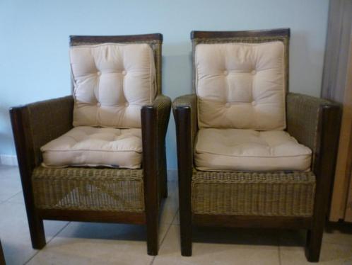 2 Eiken stoelen / zetels met riet incl. kussens, Huis en Inrichting, Stoelen, Gebruikt, Twee, Hout, Riet of Rotan, Bruin, Ophalen
