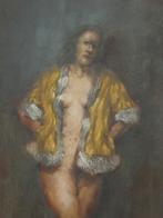 Schilderijtje van Naakt in 'Vermeer' Jasje - Olieverf, Ophalen of Verzenden