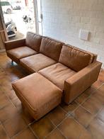 Moderne cognac zetel met poef - stevige stof - goede staat, 250 tot 300 cm, Driepersoons, 75 tot 100 cm, Zo goed als nieuw