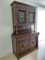 Antieken bruine houten buffetkast met glas in lood, Antiek en Kunst, Ophalen