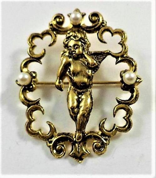 Armanno Lui Vintage broche putto, engeltje verguld met parel, Handtassen en Accessoires, Broches, Nieuw, Goud, Met parel, Ophalen
