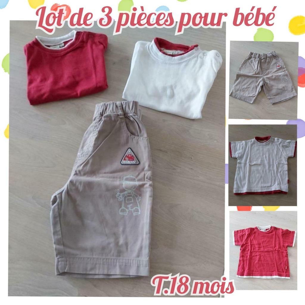 T-shirts MC +bermuda pour bébé -lot de 3 pièces-T.18 mois, Enlèvement ou Envoi, Utilisé, Taille 86