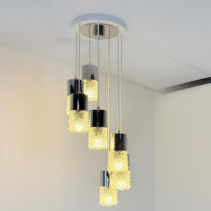 DDR chroom met bubbleglass cascadelamp, Huis en Inrichting, Lampen | Plafondlampen, Zo goed als nieuw, Glas, Kunststof, Metaal