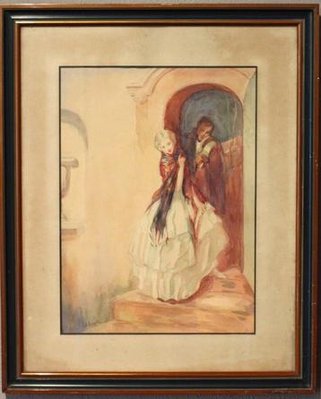 Romantische ingelijste aquarel beschikbaar voor biedingen