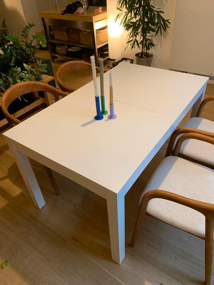 Witte tafel met 2 verlengstukken, Huis en Inrichting, Tafels | Eettafels, Gebruikt, Rechthoekig, Ophalen