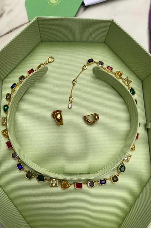 Swarovski gouden ketting + creolen oorbellen, Bijoux, Sacs & Beauté, Pendentifs, Comme neuf, Verre ou Cristal, Autres couleurs