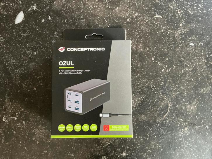 Conceptronic OZUL06BE lader USB-C GaN 200W PD QC 6-poort, Computers en Software, Laptop-opladers, Nieuw, Ophalen of Verzenden