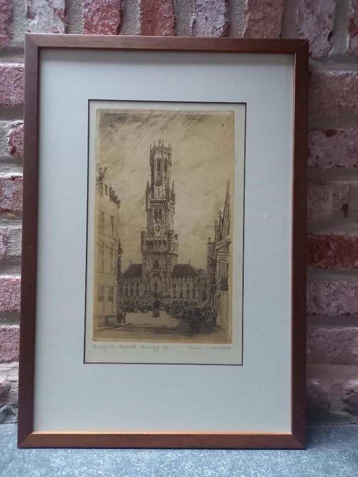 Romain Malfiet - Ets - Belfort-Markt, Brugge, Antiek en Kunst, Kunst | Etsen en Gravures, Ophalen of Verzenden