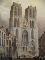 gravure ancienne coloriée à la main Cathédrale de Bruxelles, Antiquités & Art, Enlèvement ou Envoi