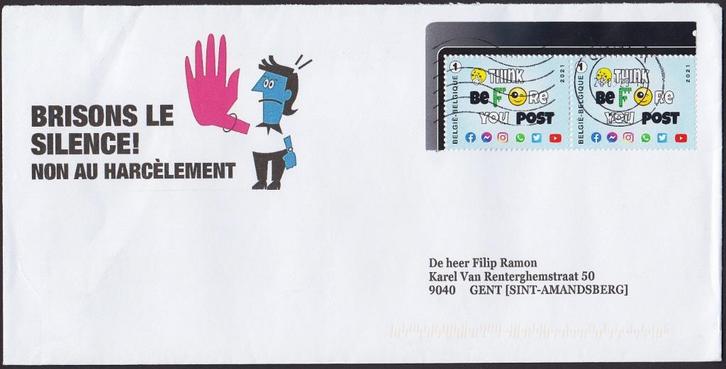 2021 - BELGIË - Envelop - Neen tegen pesten! [Y&T 4985], Postzegels en Munten, Postzegels | Europa | België, Gestempeld, Frankeerzegel