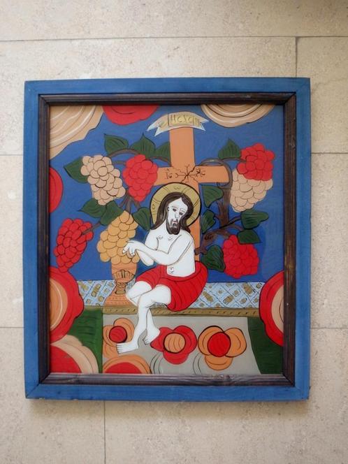 Jésus à la croix '85 - verre arrière -Lucretia Elena Craciun, Antiquités & Art, Art | Peinture | Classique, Enlèvement ou Envoi