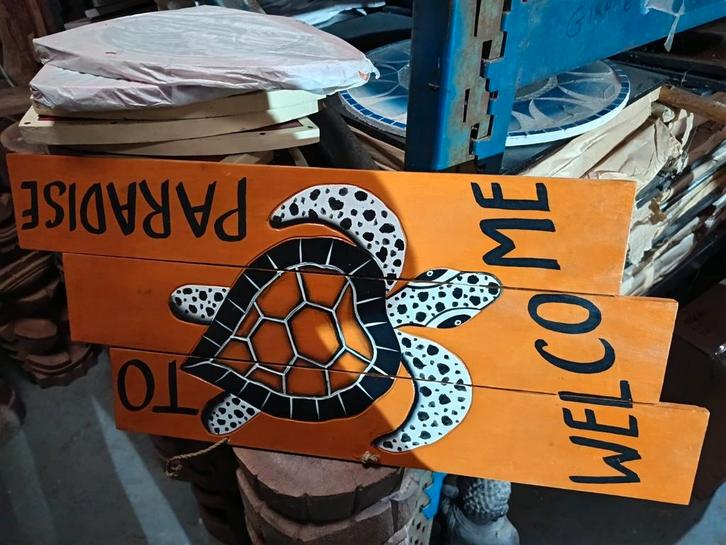 Planche murale tortue welcome to paradise 70x40 en bois, Antiek en Kunst, Kunst | Beelden en Houtsnijwerken, Ophalen of Verzenden